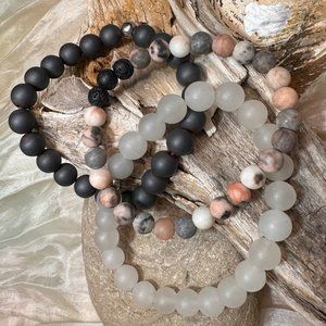 White Jade, Matte Hematite and Pink Jasper Genuine Gemstone Stretch Bracelets